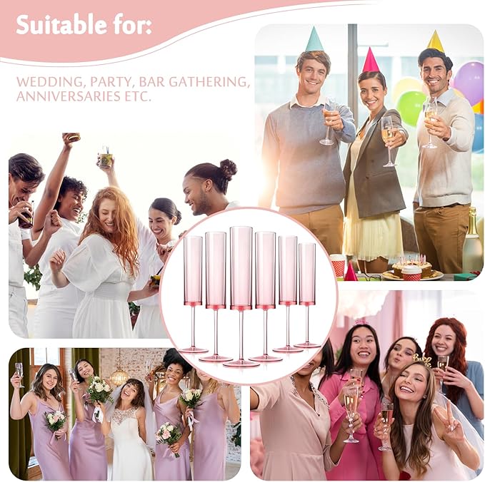 6 Pieces Acrylic Pink Champagne Flutes 5.4 OZ Square Champagne Glasses Stemmed Coupes Reusable Wedding Toasting Glasses Rose Bride Wine Glasses For Birthday Party Wedding Anniversary Christmas