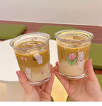 Ivymei Set of 2 12 OZ Cute Drinking Glasses Bow Glass Coffee Cups Rabbit Glass Cups for Juice, Iced Tea, Coffee, Latte, Milk, Dessert, Stackable Glassware Drinkware Set (Pink)
