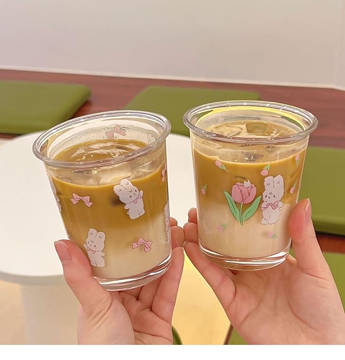 Ivymei Set of 2 12 OZ Floral Drinking Glasses Crystal Glass Flower Coffee Cups Cute Rabbit Glass Cups for Juice, Iced Tea, Coffee, Latte, Milk, Dessert, Stackable Glassware Drinkware Set (Purple)