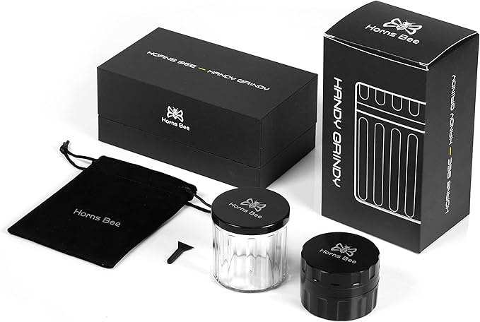 Horns Bee Herb Grinder Containers - Multipurpose Metal Spice Mill with Stash Jar, All-in-One Air Tight Sealable Containers, 2.2'' Sharpstone Grinder, with Accessories and Carrying Pouch
