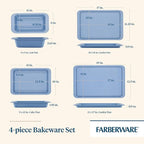 Farberware Easy Solutions Nonstick Baking Set, Includes Cookie Pans, Loaf Pan, and Cake Pan with Portion Marks, 4 Piece, Non Stick Bakeware Set - Blue