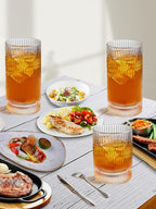 Ribbed Glassware Vintage Drinking Glasses 12Pcs - 6 Ribbed Tall Glasses 16Oz And 6 Ribbed Short Glasses 13Oz, Clear Glassware For Coffee, Cocktails, Smoothies, Juice, Beer, Water
