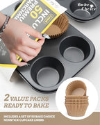 Bake Choice 2 Pack Jumbo Muffin Pan for Baking, Extra Large Cupcake Pan includes 50 Natural Jumbo Cupcake Liners, Muffin Tin Nonstick 6 Cup, Baking Pans Set, Carbon Steel Baking Supplies