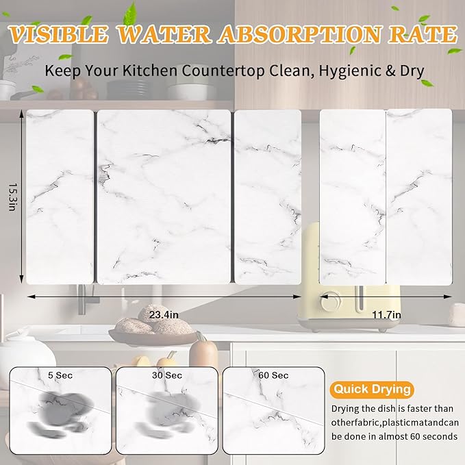 Stone Dish Drying Mat for Kitchen Counter, 24''×15'' Dishes Drying Matt Kitchen Counter, Absorbent Diatomaceous Earth Bath Quick Dry Mats for Tableware, Bottles and Cup (White Marble)