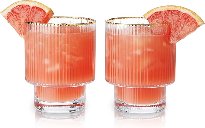 Viski Meridian Lowball Glasses Set of 2 - Premium Crystal Clear Vintage Drinking Tumblers for Whiskey, Scotch & Bourbon in Art Deco Ripple Glassware Design, Gold Rimmed Glassware Gift Set, 10.5 oz