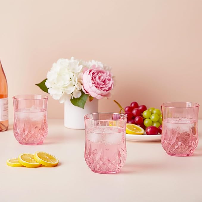 24 Pack Plastic Stemless Wine Glasses,12oz Unbreakable Vintage Elegant Drinking Glass Set,Reusable Fancy Cocktail Cups for Party, Wedding, and Bulk Events (24, 12oz-Pink)