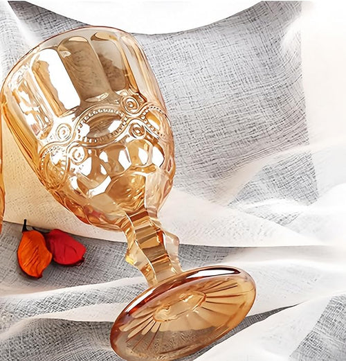 12 Pcs Vintage Wine Glasses, 10 Ounces Colored Glass Water Goblets, Unique Embossed Pattern High Clear Stemmed Glassware Wedding Party Bar Glass Drinking Cups, Floral Amber Glasses Set of 12
