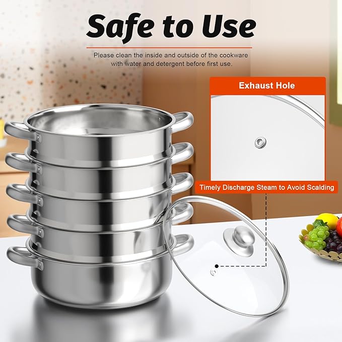 5-Tier Stainless Steel Steamer, 11.81 Inch Commercial Multi Tier Stainless Steel Cookware Pot Vegetable Meat Steamer Cooker Set w/Glass Lid for Steaming Shrimp & Miscellaneous Grains