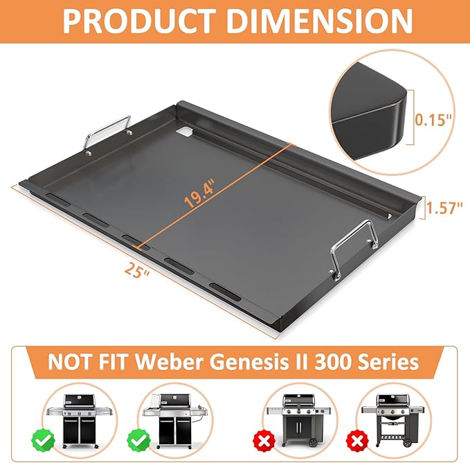 7524 Griddle Insert for Weber Genesis 300 Series E310 S310 E320 S320 S330 E330 EP310 EP320 EP330, Full Size Griddle with Handle, for Weber Grill Replacement Parts, Carbon Steel