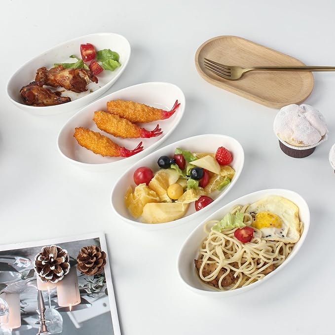 Au Gratin Baking Dishes for Oven Safe, Porcelain Mini Casserole Dish (4pc Set). 10oz Individual Gratin Dishes Set, Ceramic Small Baking Dish for Single Serving, Banana Split Bowls, 7.6x4.4in