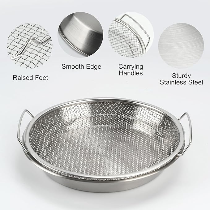Oil Filter Tray, Stainless Steel Mesh Drain Basket Colanders Air Fryer Accessories for Fried Food Draining Rack Barbecue Grill Tray Net Draining Pan Strainer for Vegetable Dessert (8.7 Inch)