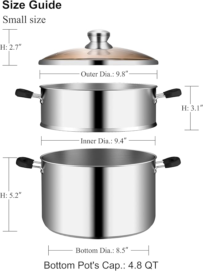 VENTION 9.4 Inch Small Vegetable Steamer Pot, 4.5 QT Induction Stainless Steel Steamer for Cooking, Steam Pot(24cm)
