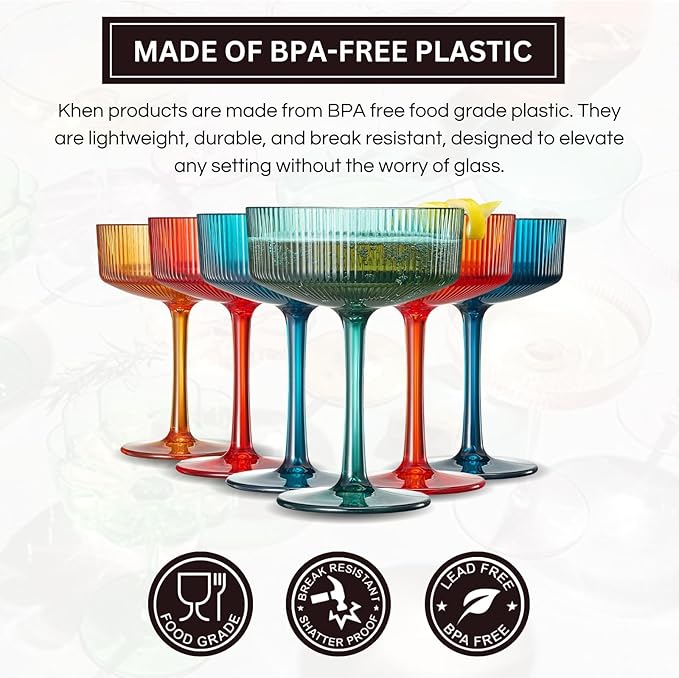 Khen Plastic Acrylic Ribbed Vintage Art Deco Martini, Champagne & Cocktail Retro Color Shatterproof Coupe Glasses | Set of 6 | 8 oz Ripple Glassware Classic Cocktail Indoor & Outdoor, European Style
