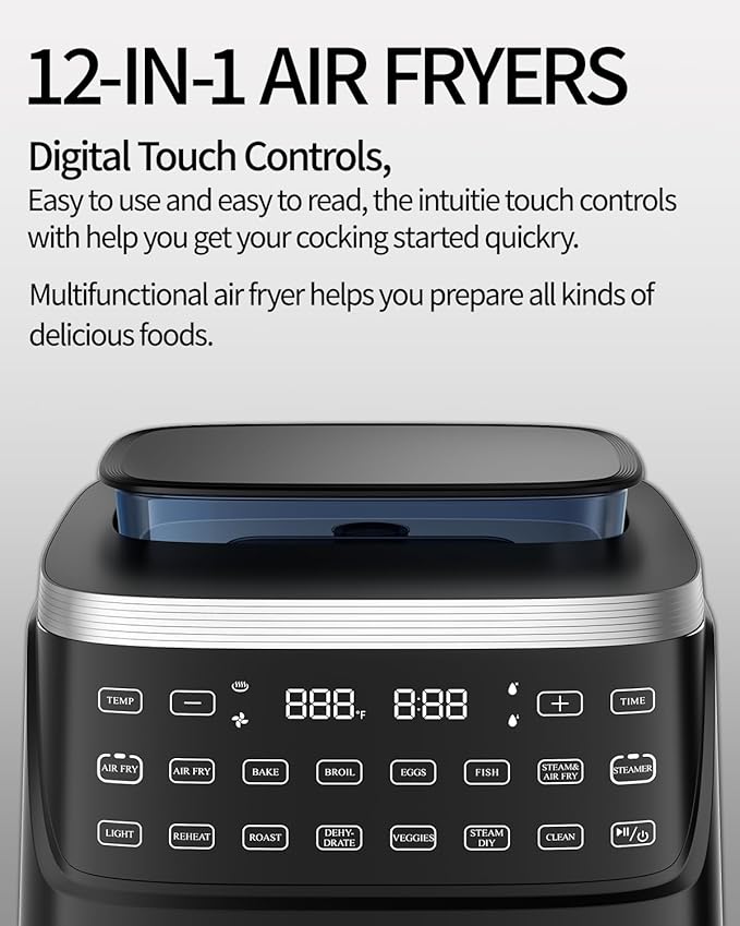 Steam Air Fryer, Self Cleaning Smart Air Fryers, with Visible Window, 1700W High Power Airfryer, 7.5 QT for Family of 4-6, Whisper Quiet Technology, 12-in-1Presets, Dishwasher Safe Non Stick Basket