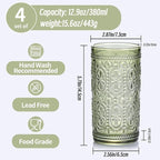 abrwyy Green Drinking Glasses Set of 4, Vintage Drinking Glasses, Colored Glassware Drinking, Highball Beverage Glasses Cup, Vintage Glassware Set for Water, Juice, Cocktail, Coffee