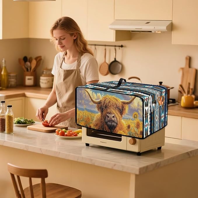 Highland Cattle Sunflower Print Toaster Cover Air Fryer Dust Cover Anti Fingerprint Aztec Toaster Oven Cover Washable Kitchen Small Appliance Covers (Medium-16.1 * 19.71 * 10 inches)