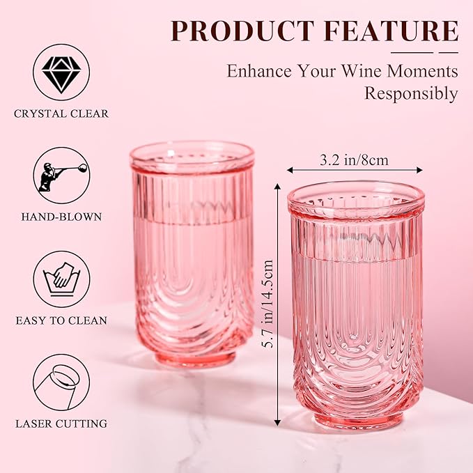 Pink Vintage Drinking Glasses Set of 6-17oz Hand-Blown Highball Ribbed Glassware, Arch Design Cocktail Glasses for Whiskey Water Beverages Ice Coffee Juice Milk
