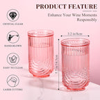 Pink Vintage Drinking Glasses Set of 6-17oz Hand-Blown Highball Ribbed Glassware, Arch Design Cocktail Glasses for Whiskey Water Beverages Ice Coffee Juice Milk