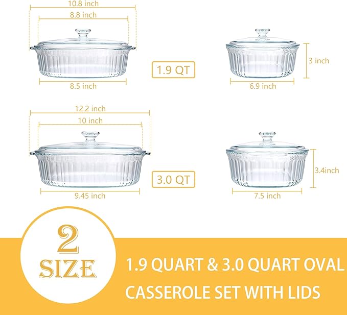 2 Pack Glass Casserole Baking Dishes with Lids for Oven,1.9 Qt and 3 Qt Ribbed Oval Glass Serving Dishes Bakeware Set for Lasagna,Casseroles,Leftovers,Cooking,Kitchen