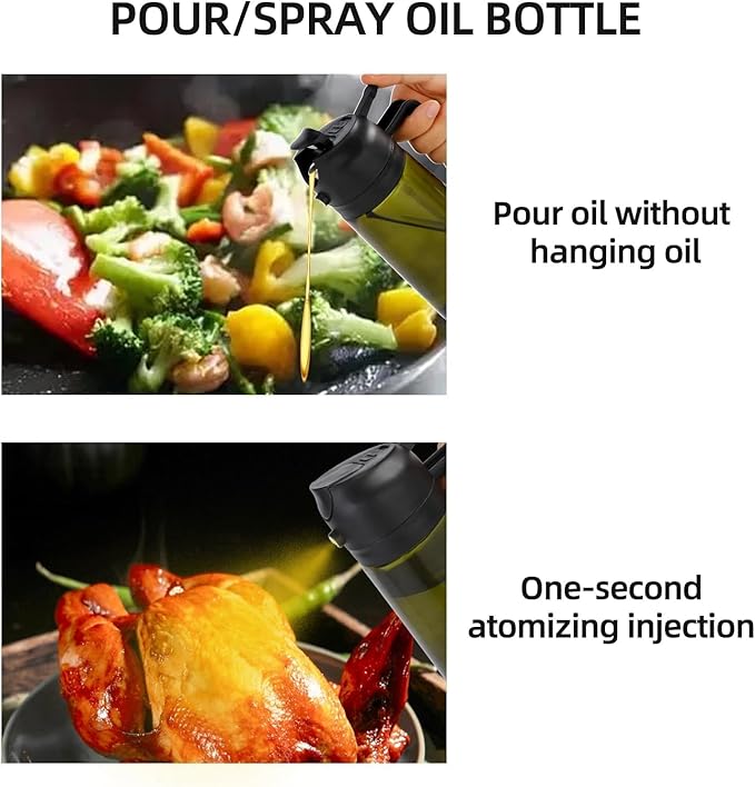 Aovdy 2PCS Oil Sprayer for Cooking 16oz,2 in 1 Olive Oil Dispenser and Oil Sprayer - 470ml Olive Bottle Spray and Pour - Glass Oil Dispenser for Kitchen Cooking Salad BBQ (Light-Proof -Black & Green)