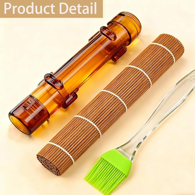 Sushi Making Kit – Clear Sushi Bazooka Roller & Bamboo Sushi Rolling Mat, Easy DIY Sushi Maker Tool Set for Beginners, Homemade Sushi Rolls for Kitchen & Party (Clear Amber)
