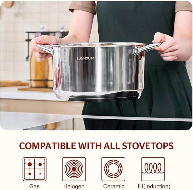SUNHOUSE Stainless Steel Stock Pot - 7 Quart Heavy-Duty Induction Cooking Pot with Visible Lid for Pasta, Soup, Spaghetti - Nonstick Thick-Bottom Deep Stockpot for Canning, Boiling, and Simmering