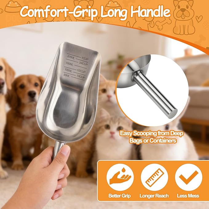 Palksky Dog & Cat Food Scoop, 1 Cup Stainless Steel Pet Food Measuring Cup with Long Handle, Precision Scale, Easy to Clean for Wet or Dry Food, 2 Packs