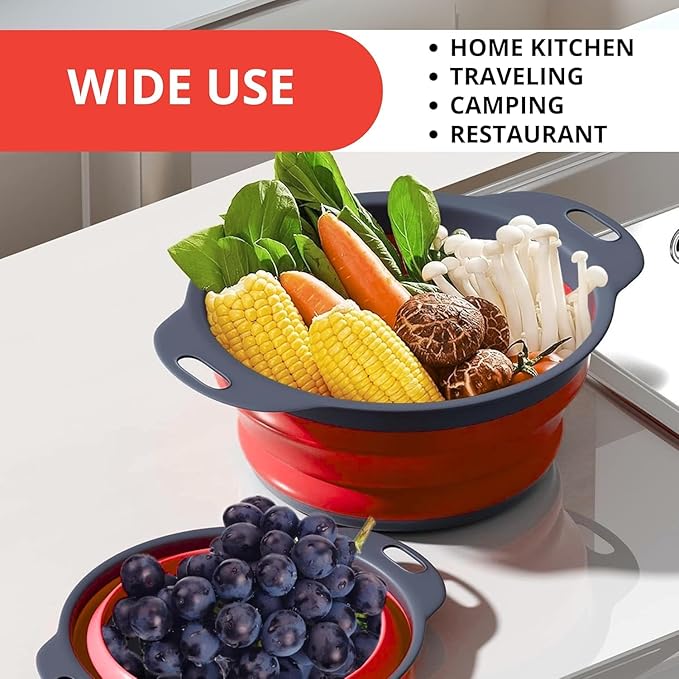 Set of 3 Red Silicone Plastic Kitchen Colanders – Folding Sizes Silicone Collapsible Colander Set Red Plastic Foldable Strainer for Pasta Vegetables Camping Kitchen
