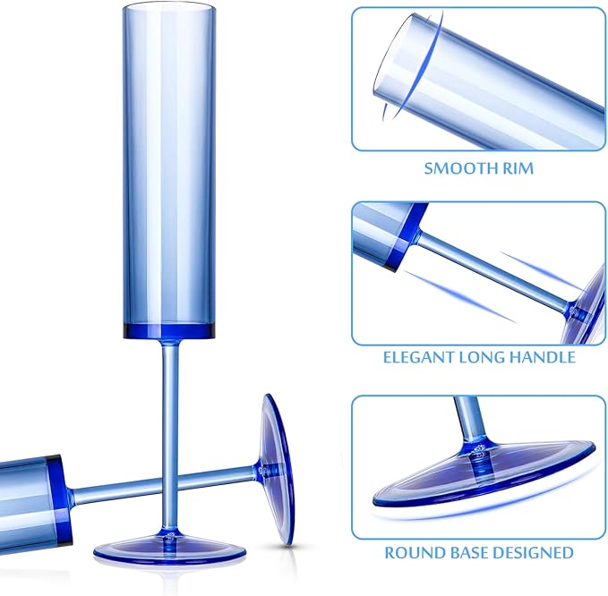 24 PCS Sapphire Blue Plastic Champagne Flutes 5.4 OZ Clear Acrylic Champagne Flutes Sparkling Wine GlassesLong Stem Crystal Champagne Glasses For Wedding Baby Shower Anniversary Birthday