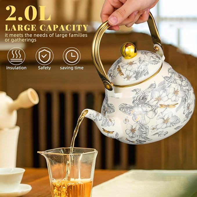 Cabilock Vintage Enamel Tea Kettle, Floral Enamel on Steel Teapot 2L Stovetop Ceramic Teakettle Retro Classic Water Boiler with Cool Handle for Home Kitchen Decor