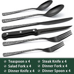 EWFEN 24-Piece Black Silverware Set with Steak Knives, Black Flatware Set for 4, Food-Grade Stainless Steel Tableware Cutlery Set, Mirror Finished Utensil Sets for Home Restaurant, Tree Pattern