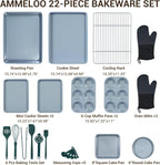Ammeloo 22-Piece Baking Pans Set Stackable Bakeware Non Stick Baking Set Non Toxic Oven Pans, Including Roasting Pan, Cookie Sheets, Muffin Pans, Cake Pans, Oven Mitt and Utensils(Gray & Hunter Green)