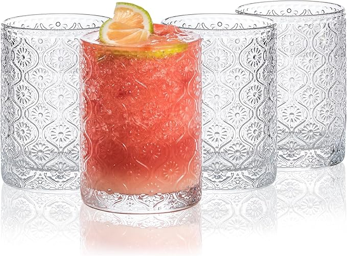 SoulTimes Glass Cups Vintage Glassware Set of 4, Drinking Glasses 9oz, Embossed Pattern Style Transparent Cocktail Glasses Set, for Ice Coffee,Juice,Beer,Bar Beverages,Drinkware, Transparent (S)