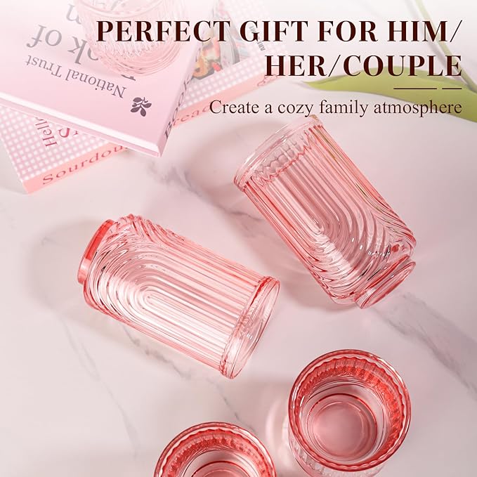 Pink Vintage Drinking Glasses Set of 6-17oz Hand-Blown Highball Ribbed Glassware, Arch Design Cocktail Glasses for Whiskey Water Beverages Ice Coffee Juice Milk
