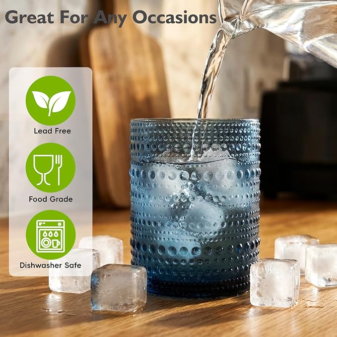 Moretoes Hobnail Drinking Glasses Set of 12,10 Oz Cocktail Glasses Vintage Glassware, Textured Glass Cups Bubble Glasses Water Glasses Old Fashion Jupiter Glasses Set (Blue)