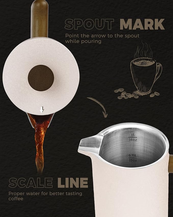 POLIVIAR French Press Coffee Maker, 34 Ounce Coffee Press with Real Wood Handle, Double Wall Insulation & Dual-Filter Screen, Food Grade Stainless Steel for Good Coffee and Tea JX2023-FPLM