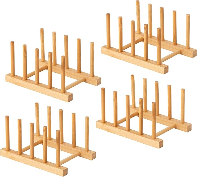 HBlife 4pcs Bamboo Dish Plate Bowl Cup Book Pot Lid Cutting Board Drying Rack Stand Drainer Storage Holder Organizer Kitchen Cabinet（Keep Dry）