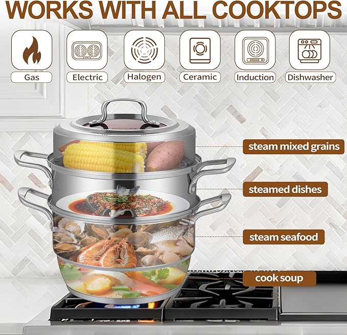 GOLDEN KEY 7.4 QT Steamer for Cooking, 2-Tier Multipurpose 18/8 Stainless Steel Steamer Pot with Lid for Vegetable, Seafood, Rice, Dumplings, Works with Gas Electric Induction Stove
