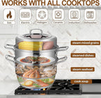 GOLDEN KEY 7.4 QT Steamer for Cooking, 2-Tier Multipurpose 18/8 Stainless Steel Steamer Pot with Lid for Vegetable, Seafood, Rice, Dumplings, Works with Gas Electric Induction Stove