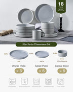 Famiware Star 18-Piece Reactive Glaze Plates and Bowls Sets, Service for 6 - Stoneware Dinnerware with Trim, Modern Rustic Dishes, Chip & Scratch Resistant, Microwave & Dishwasher Safe, Matte Gray
