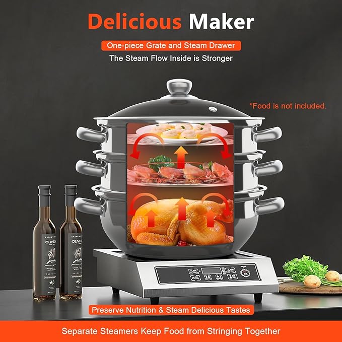 3-Tier Stainless Steel Steamer Pot, Large Capacity Food Steamer for Stove, Multi-Layer Stackable Cooking Steam Pot Kitchen Cookware with Glass Lid for Induction/Gas/Electric Stoves (12.8 Inch)