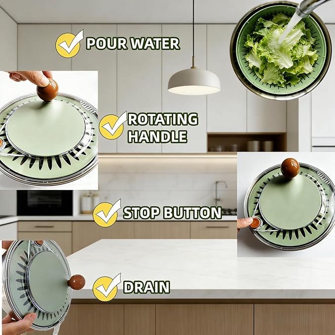 5.3Qt Stainless Steel Salad Spinner with Stop Button, Lid & Non-Slip Base, Salad Spinner Stainless Steel no Plastic, Dishwasher Safe, Vegetable Spinner Dryer with Drain Hole (GREEN)