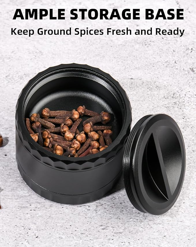 2.5" Grinder [Aluminum] 3-Piece 4-Parts Grinder for Kitchen Spice with Top Storage, Anti-jamming Teeth & Large Bottom Chamber