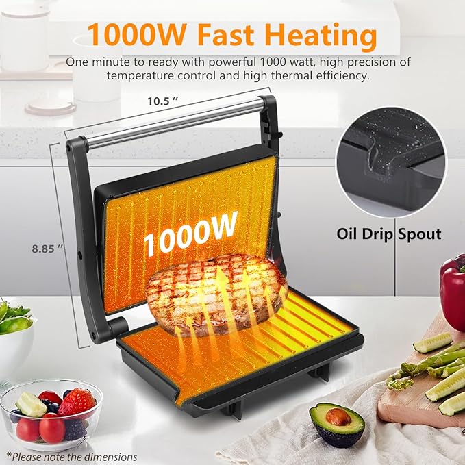 Panini Press Grill, Aigostar 1000W Sandwich Maker with Ceramic Non-stick Plates, Opens 180 Degrees for Any Size Food, 3-in-1 Sandwich Press Electric Grill, Drip Spout & Locking Lid, Sliver
