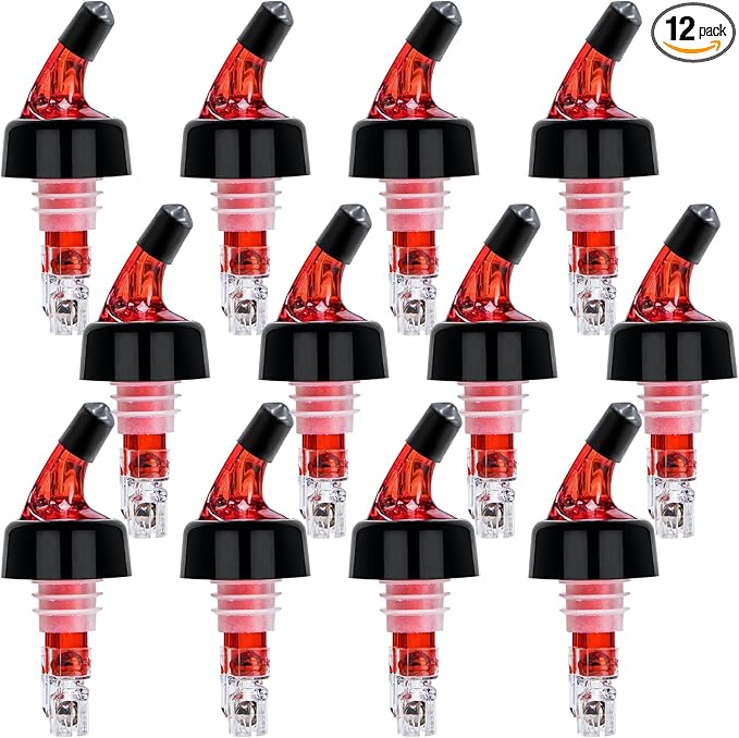 LINALL Automatic Measured Bottle Pourer - Pack of 12, 1 oz (30 mL) Quick Shot Spirit Measure Pourer Drinks Wine Cocktail Dispenser Home Bar Tools (Red 12pcs)
