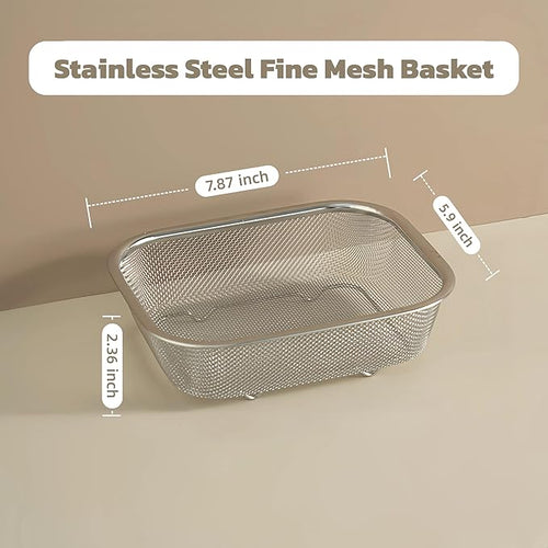 18/8 Stainless Steel Fine Mesh Strainer Basket with Feet, Rectangular Colander for Vegetables, Fruits, Pasta, Noodles – Rustproof, Durable & Easy to Clean (7.48 inch)