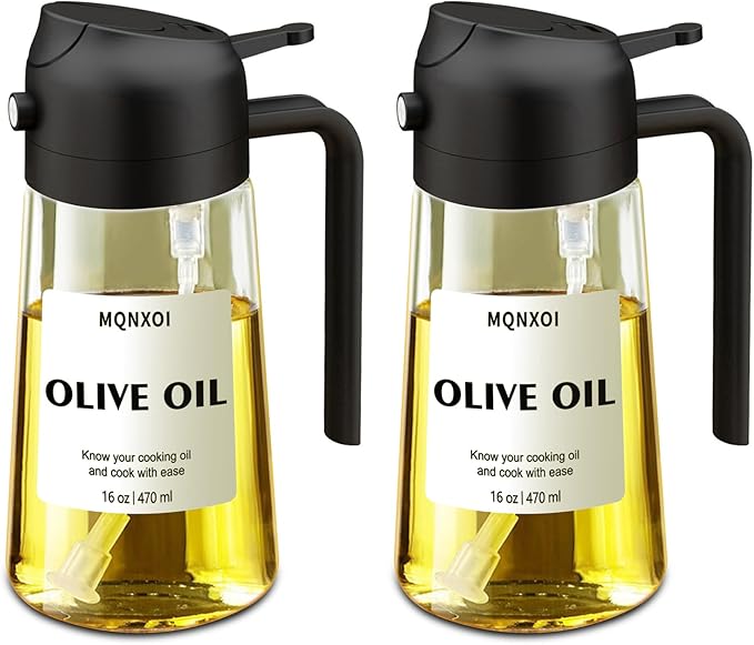mqnxoi 2 in 1 Glass Oil Sprayer & Dispenser,16oz/470ml Olive Cooking, Air Fryer, and Salad, for Kitchen Gadgets and Air Fryer Accessories, w/Stickers (Black + White Bottle 2)
