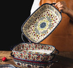 Vintage Style Tulip Flower Pattern Ceramic Bakeware Casserole Dish Baking Pan Lasagna Pans Baking Dish with Handles for Oven/Cooking/Kitchen-1 PCS-60 OZ