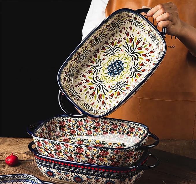 Vintage Style Tulip Flower Pattern Ceramic Bakeware Casserole Dish Baking Pan Lasagna Pans Baking Dish with Handles for Oven/Cooking/Kitchen-1 PCS-60 OZ