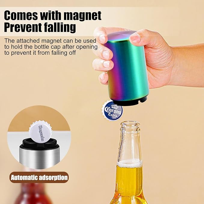 Automatic Beer Bottle Opener with Magnetic Cap, Stainless Steel One-Handed Lid Opening Spring Loaded Push&Pop Bottle Opener for Home Bars Picnic Camping Hiking（2PCS）